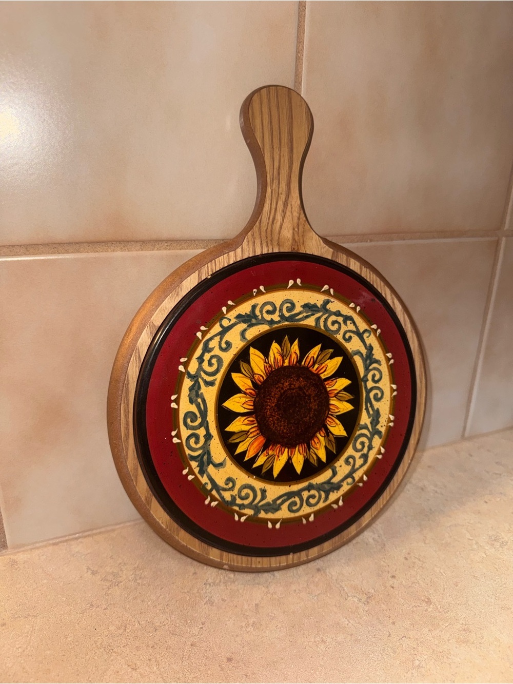 Round Wood Trivet Hot Plate Tile & Handle Sunflower 12” - Picture 2 of 5